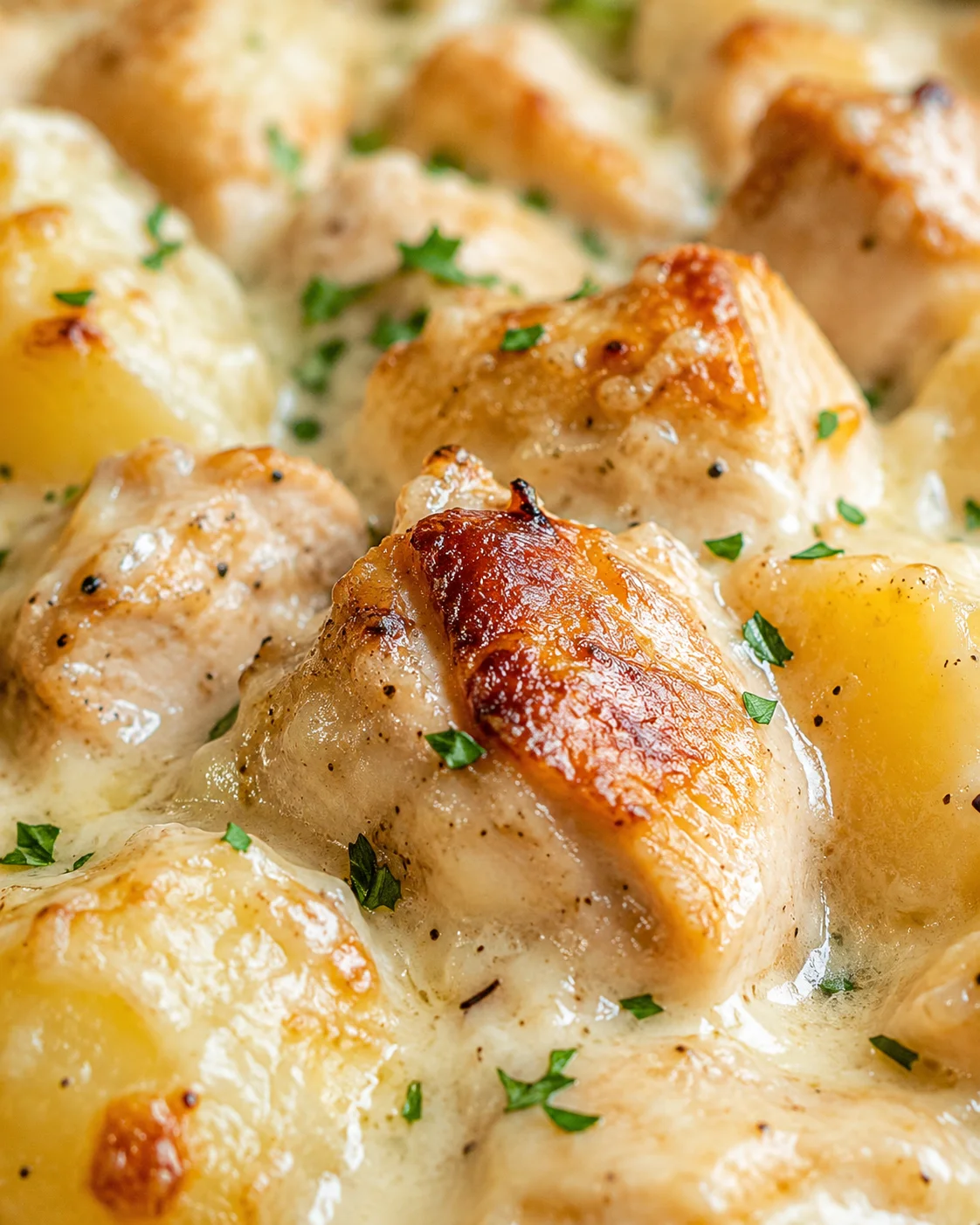 close-up of browned chicken chunks in creamy sauce with potatoes and parsley