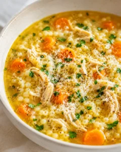 Creamy chicken barley soup with shredded chicken, carrot slices, and parsley.