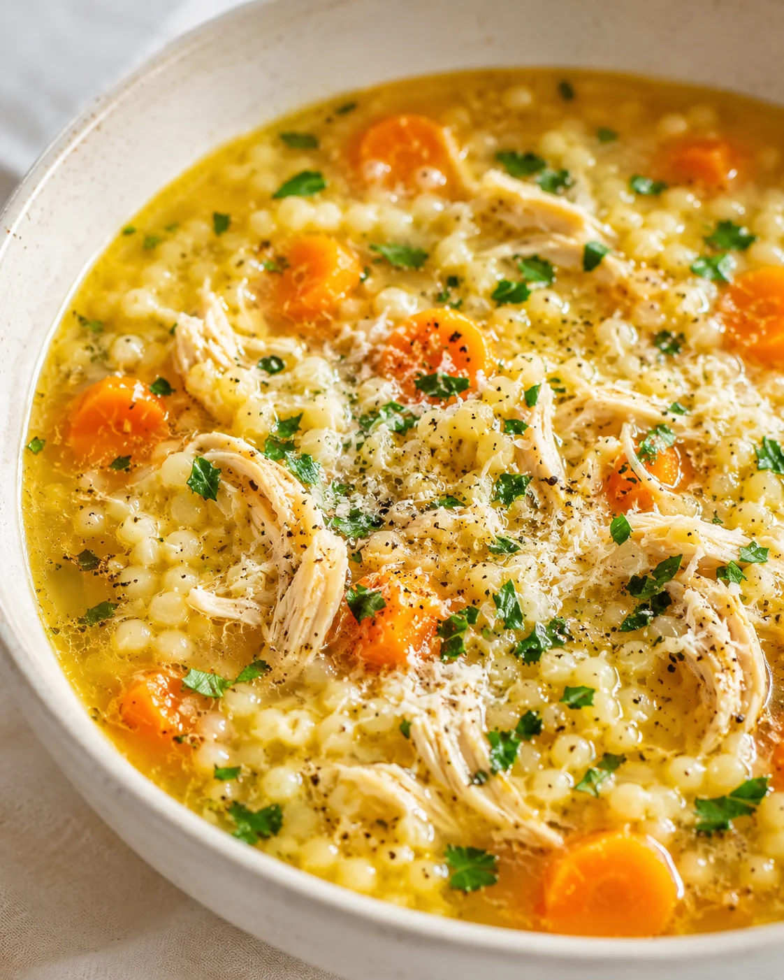 Creamy chicken barley soup with shredded chicken, carrot slices, and parsley.