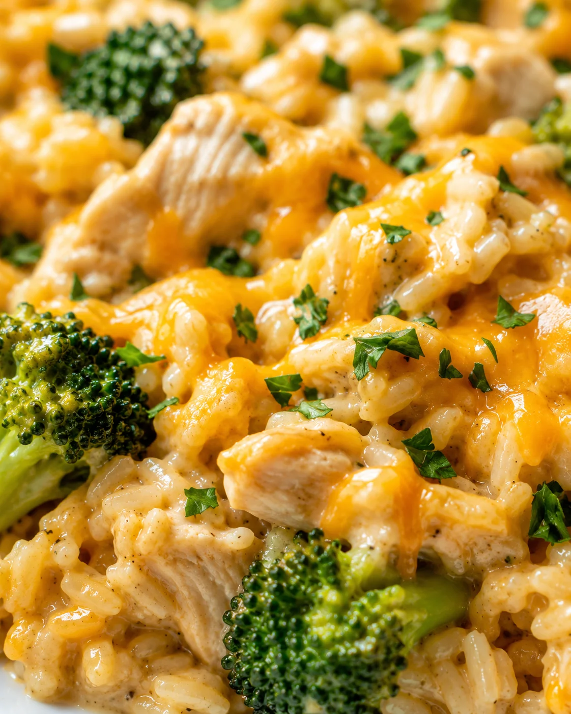 Close-up of creamy chicken and broccoli pasta with melted cheese and parsley.