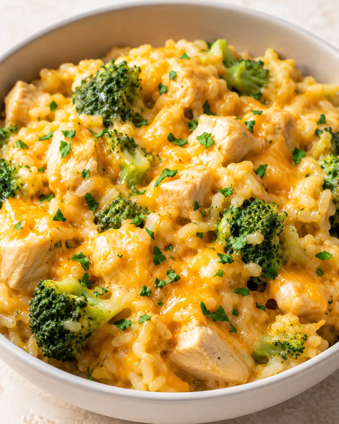 Creamy chicken, broccoli, and rice in a white bowl with melted cheese.
