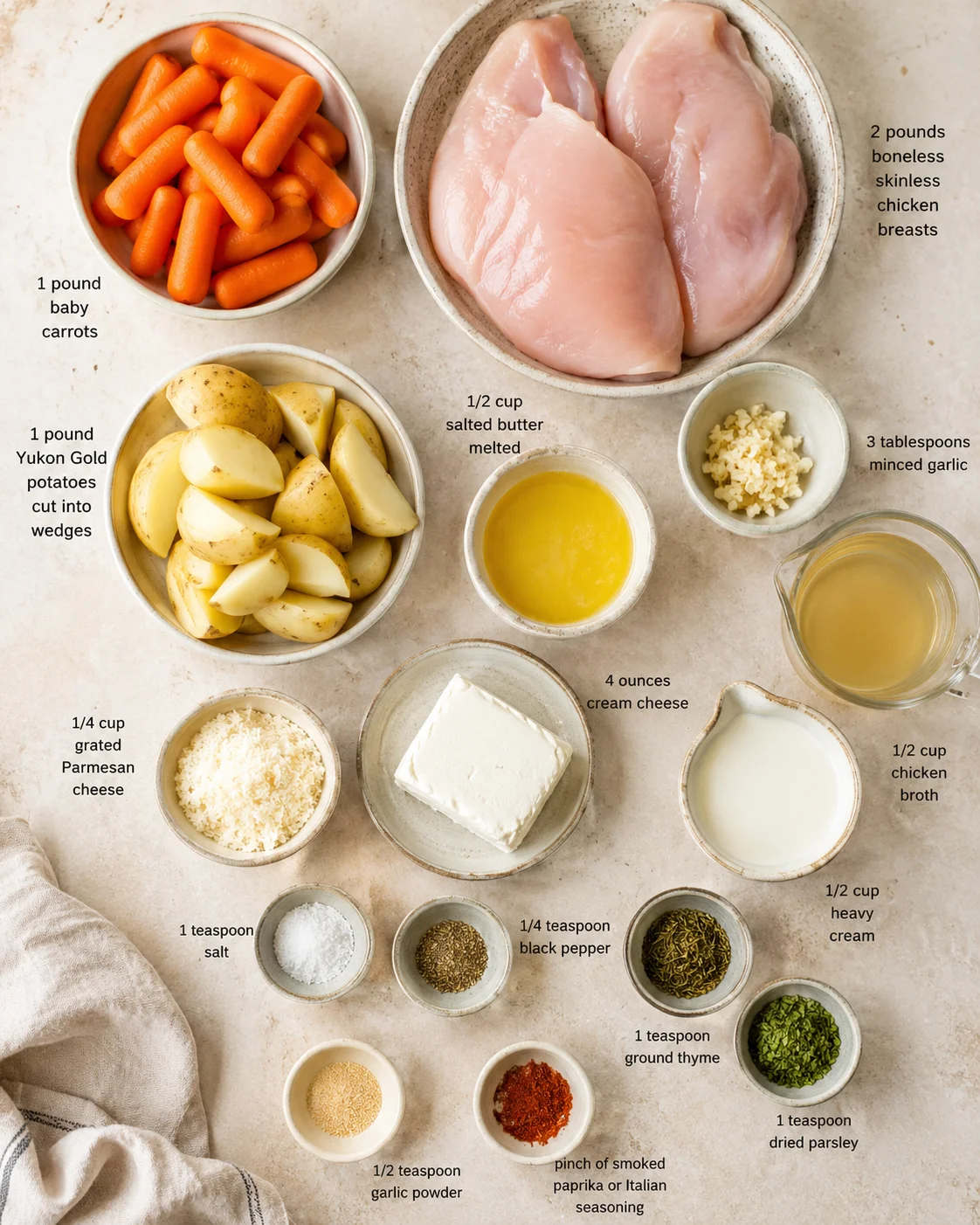 Top-down layout of chicken breasts, potatoes, carrots, and labeled bowls of ingredients for a creamy chicken bake.