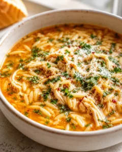 Creamy chicken and orzo soup in a rustic white pot, garnished with parsley.