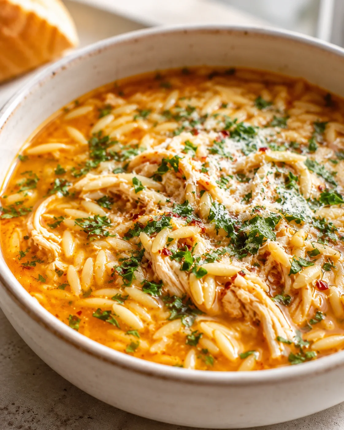 Creamy chicken and orzo soup in a rustic white pot, garnished with parsley.