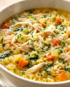 pot of creamy chicken-orzo soup with carrots, celery, parsley, and grated parmesan