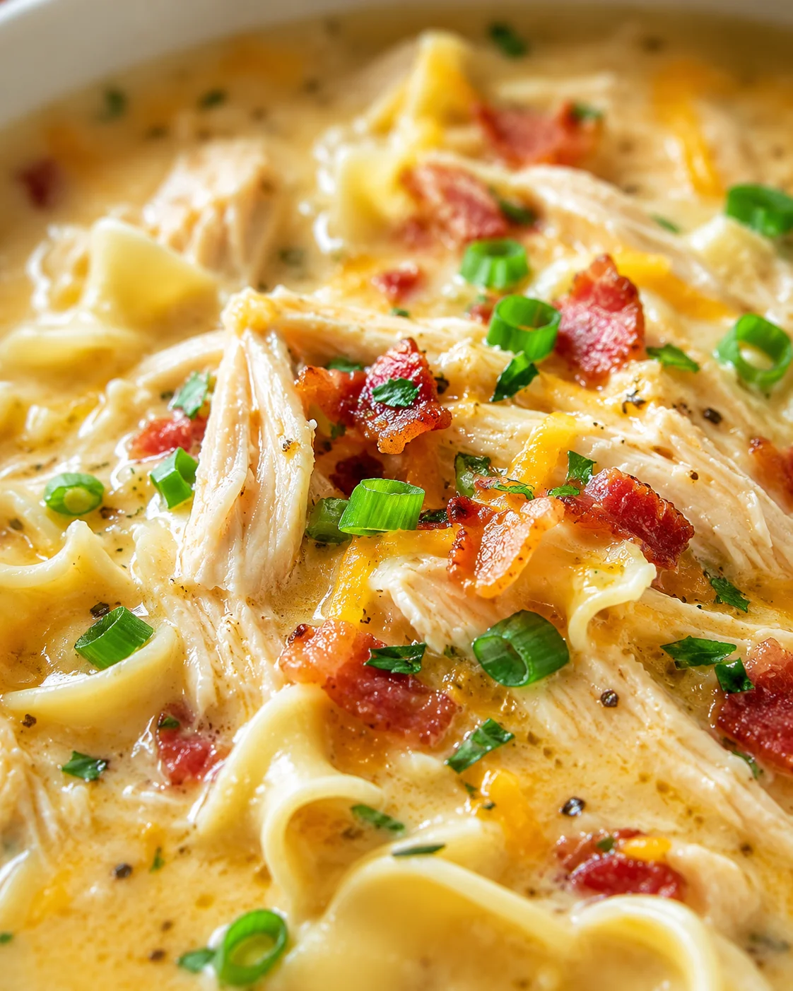 close-up of creamy chicken pasta with bacon and green onions