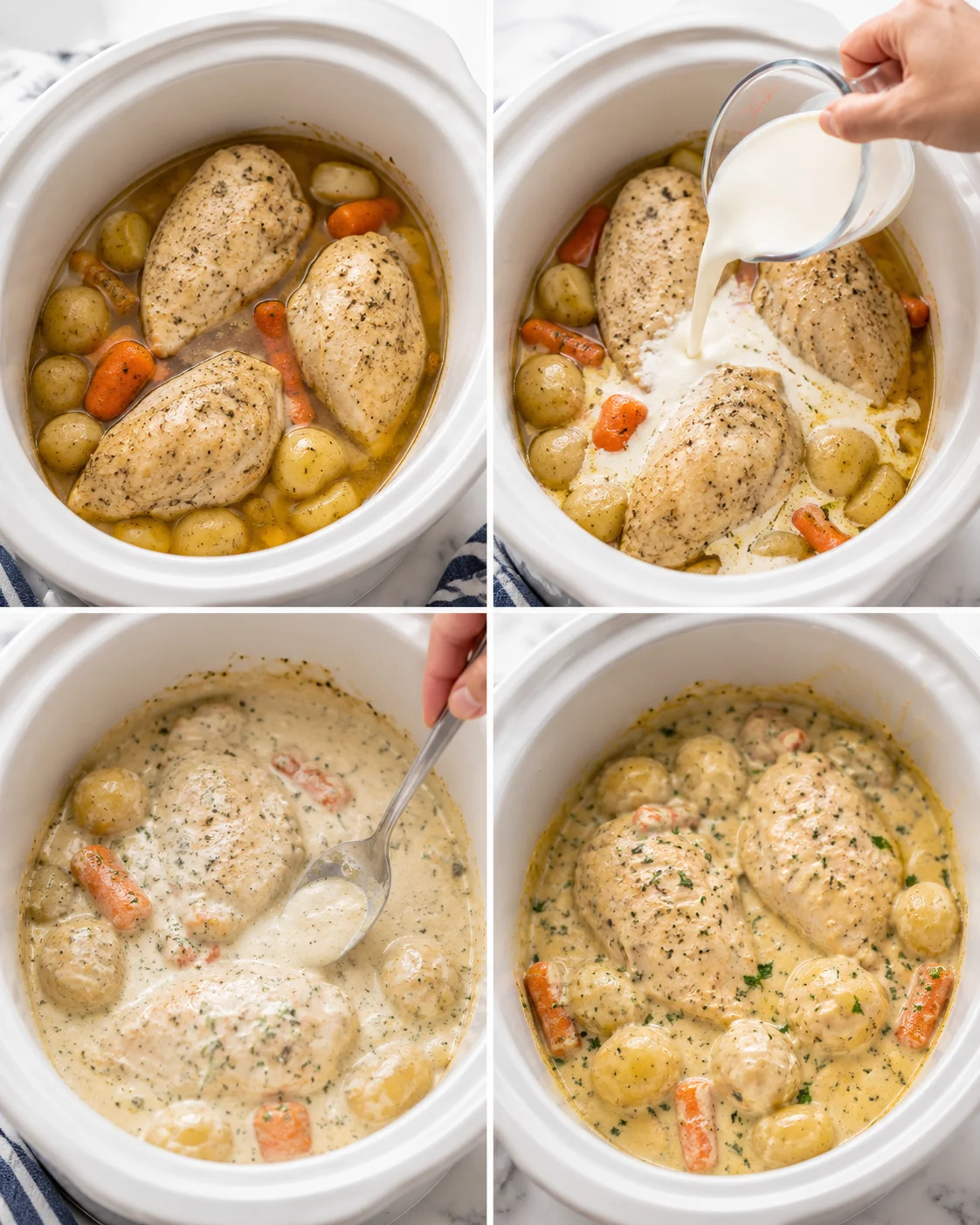 collage of four images showing chicken with potatoes and carrots in a creamy slow-cooker sauce, with pouring milk and stirring