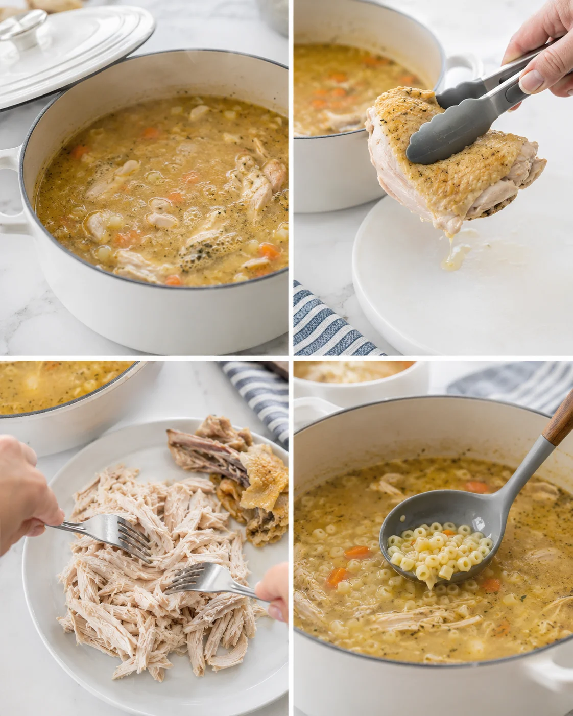 collage of creamy chicken soup with vegetables, chicken lifted, shredded chicken on plate, and pasta in soup