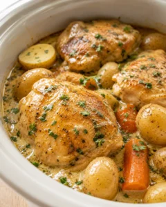 Golden-brown chicken thighs with potatoes and carrots in creamy herb sauce, garnished with parsley in a metal pot.