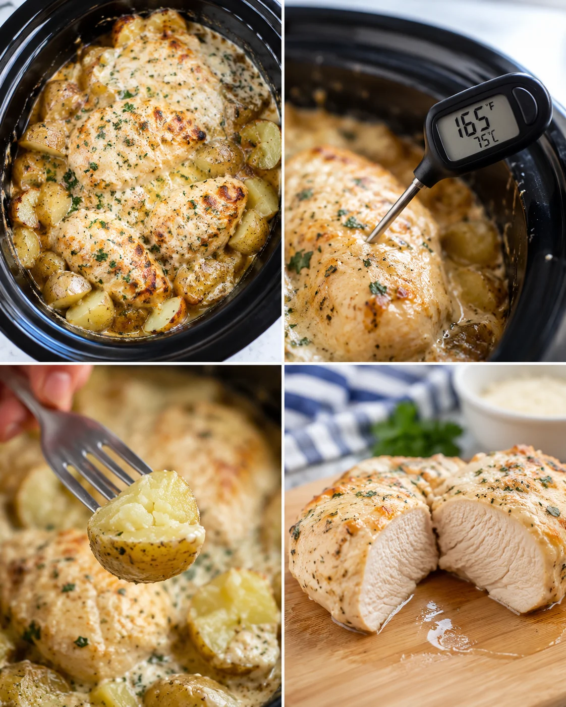 collage of creamy herb chicken with potatoes in a slow cooker, thermometer reads 165F