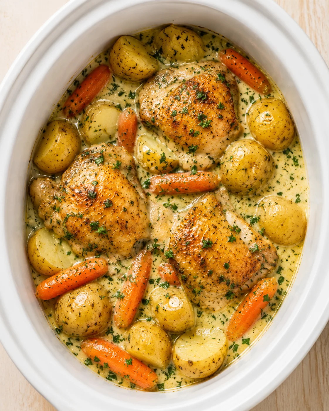 roasted chicken thighs with potatoes and carrots in a creamy herb sauce