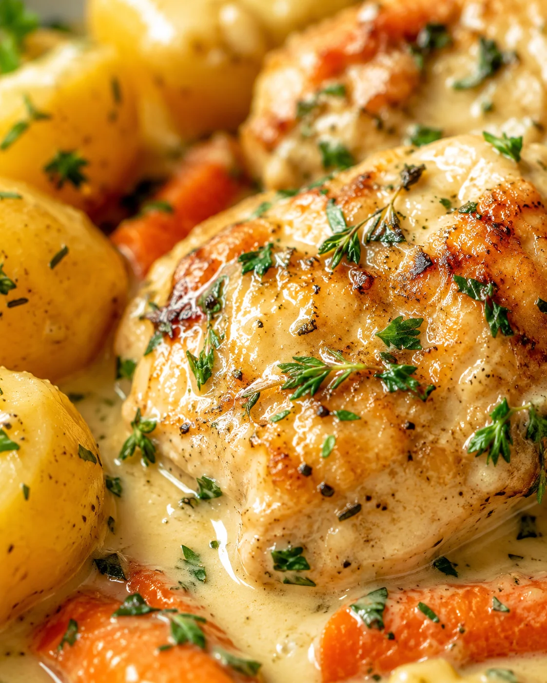 close-up of golden roasted chicken with potatoes and vegetables in creamy herb sauce, garnished with parsley