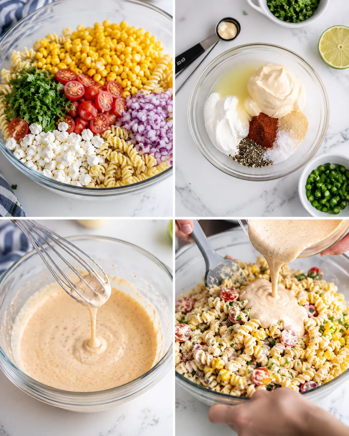 collage showing pasta salad ingredients and dressing preparation for a creamy corn and tomato pasta salad