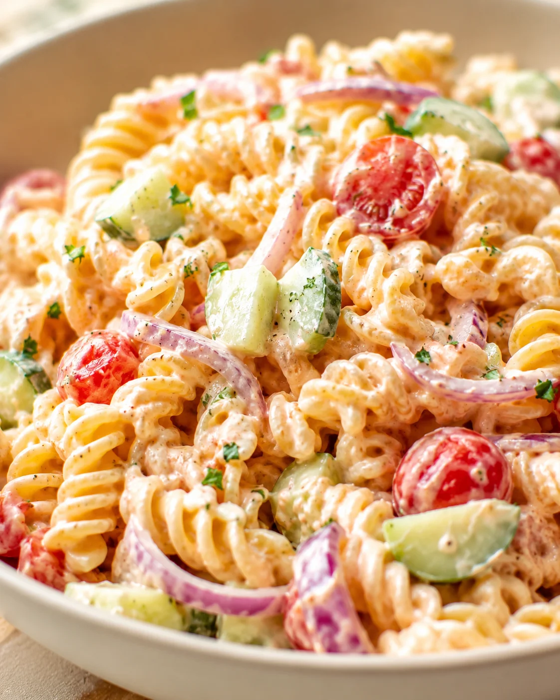Creamy pasta salad with fusilli, cherry tomatoes, avocado chunks, red onion, and parsley in a shallow bowl.