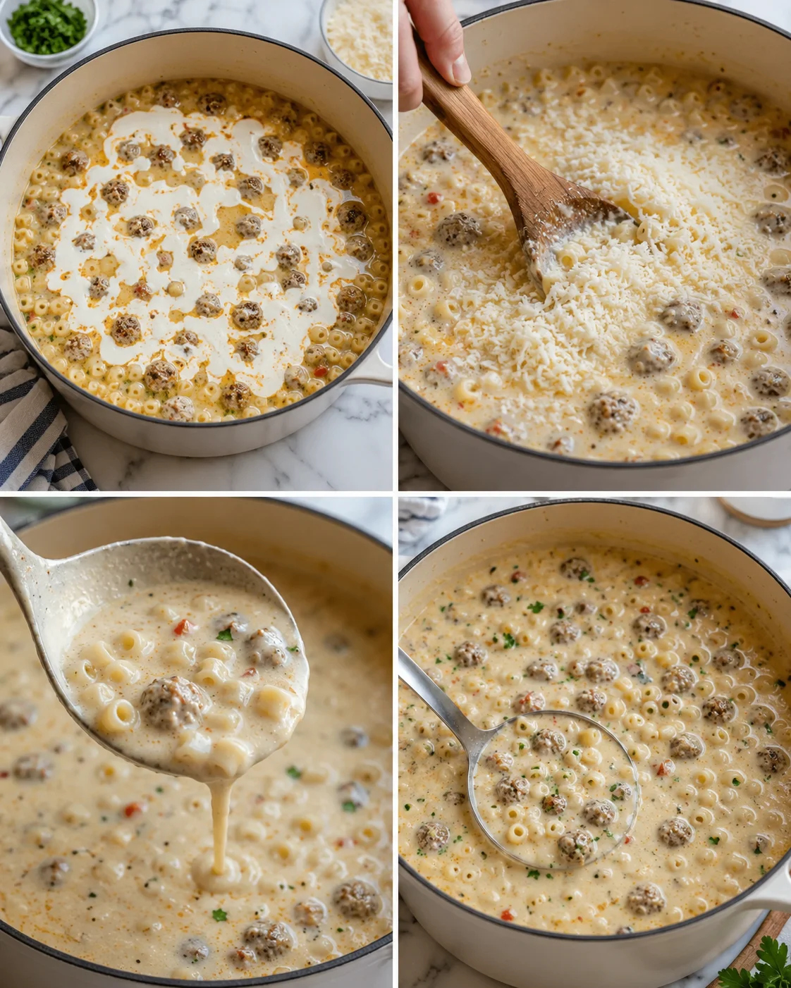 Creamy pasta with meatballs in a light pot on a marble countertop, shown as a step-by-step collage.