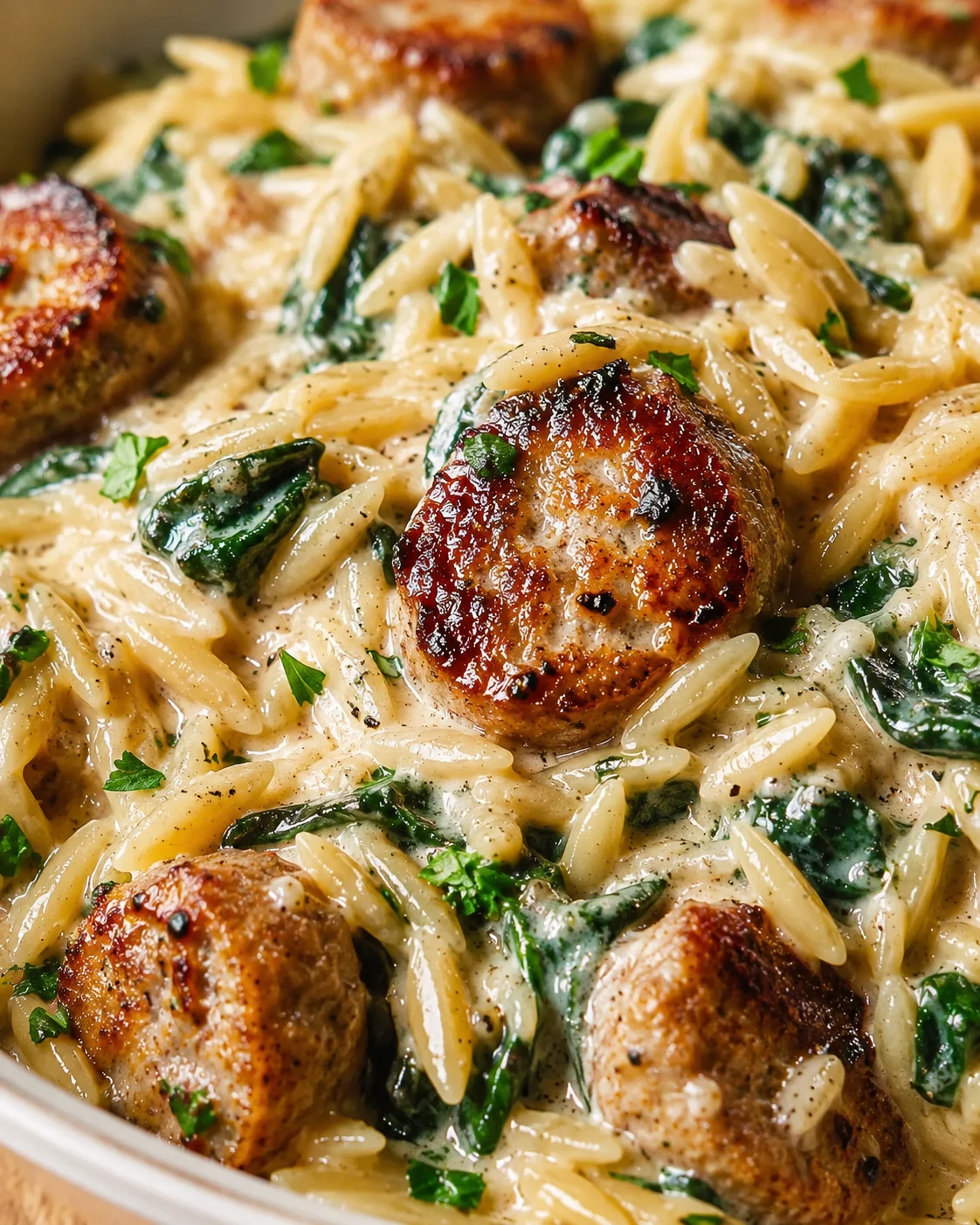 Creamy pasta with browned meatballs, spinach, and parsley in a glossy white sauce.