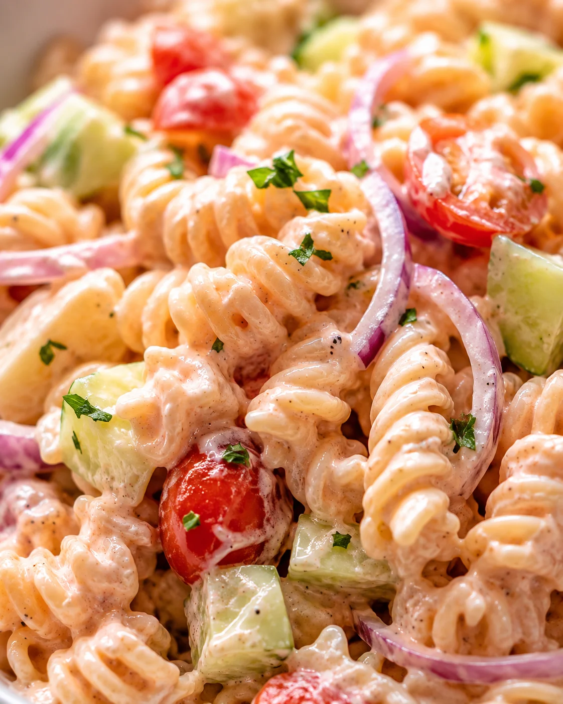 Creamy rotini pasta salad with cucumber, cherry tomatoes, red onion, and parsley.