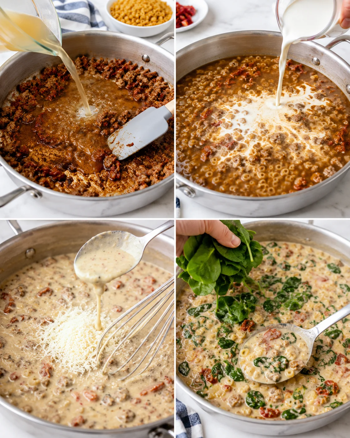 Collage showing sausage browning, milk pouring, cream sauce whisking, and spinach being added to creamy pasta.