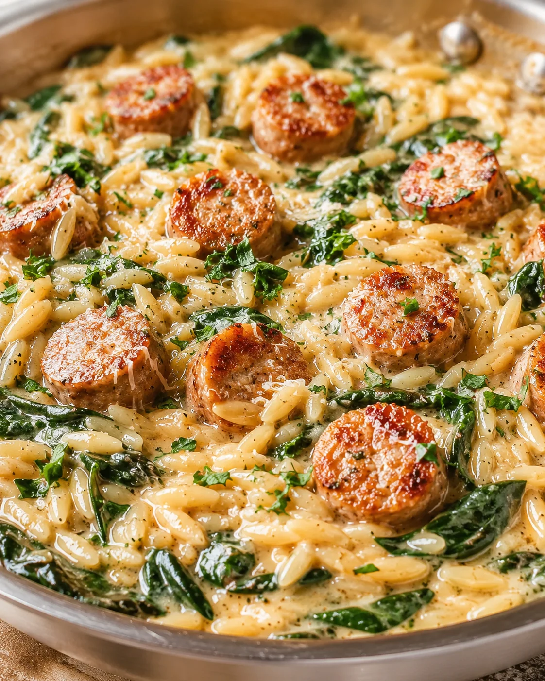 creamy sausage pasta with wilted greens and parsley in a skillet