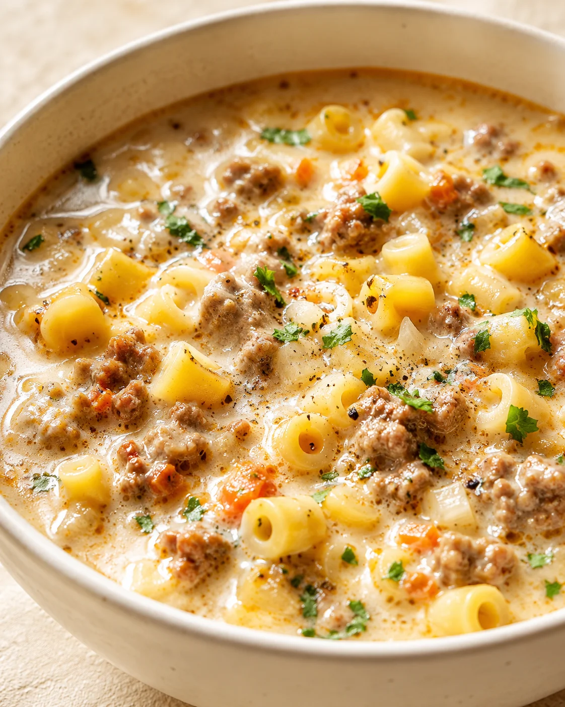 Creamy sausage pasta soup with potatoes, parsley, and a golden creamy broth in a bowl.