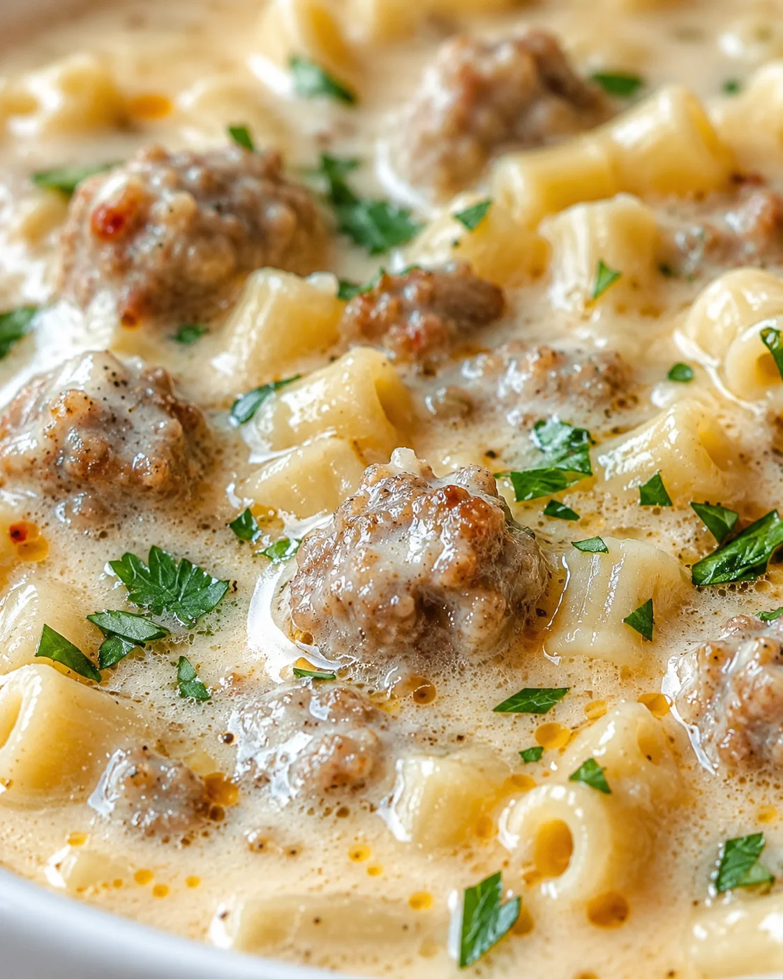 Creamy sausage and potato soup with meatballs, potatoes, and chopped parsley.
