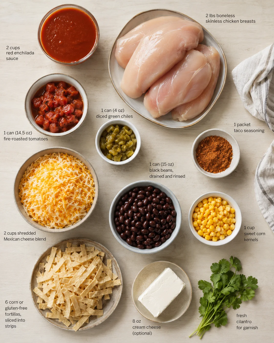 Overhead view of chicken and enchilada ingredients arranged on a light wood surface