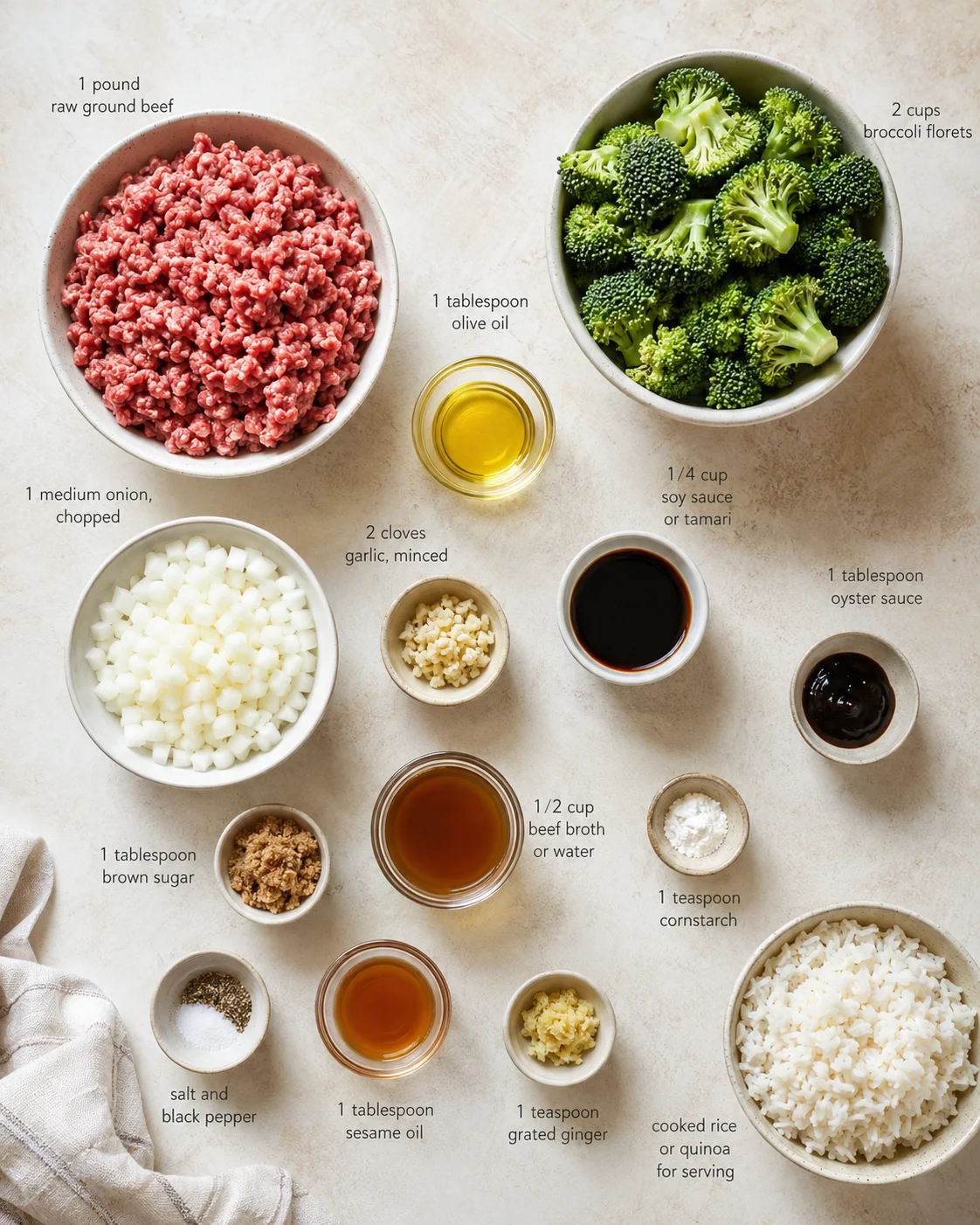 Top-down layout of stir-fry ingredients: ground beef, broccoli, onions, rice, and sauces.