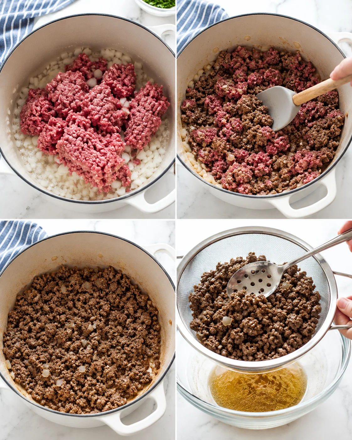 Four-panel collage showing onions and ground beef in a white pot, browning, then draining fat.