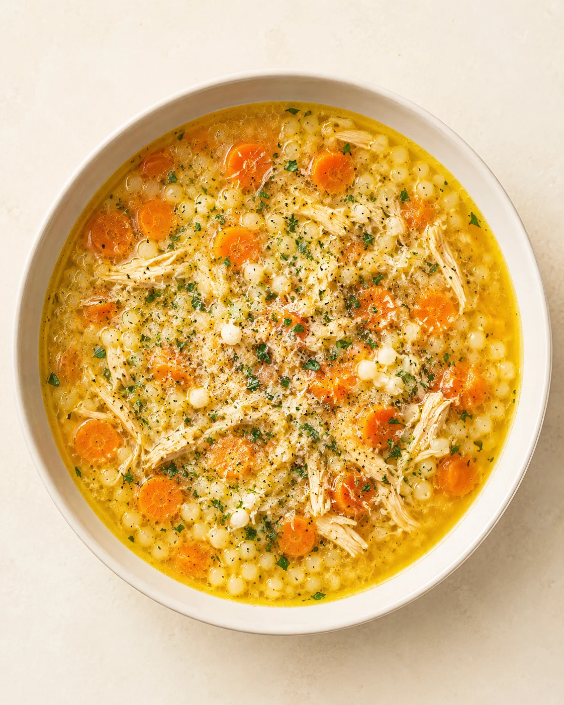 top-down view of a bowl filled with golden chicken barley soup, featuring carrot coins, pearl barley, and shredded chicken