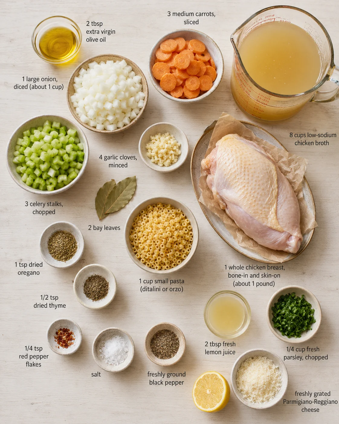 Overhead view of ingredients for chicken soup laid out around a raw chicken.