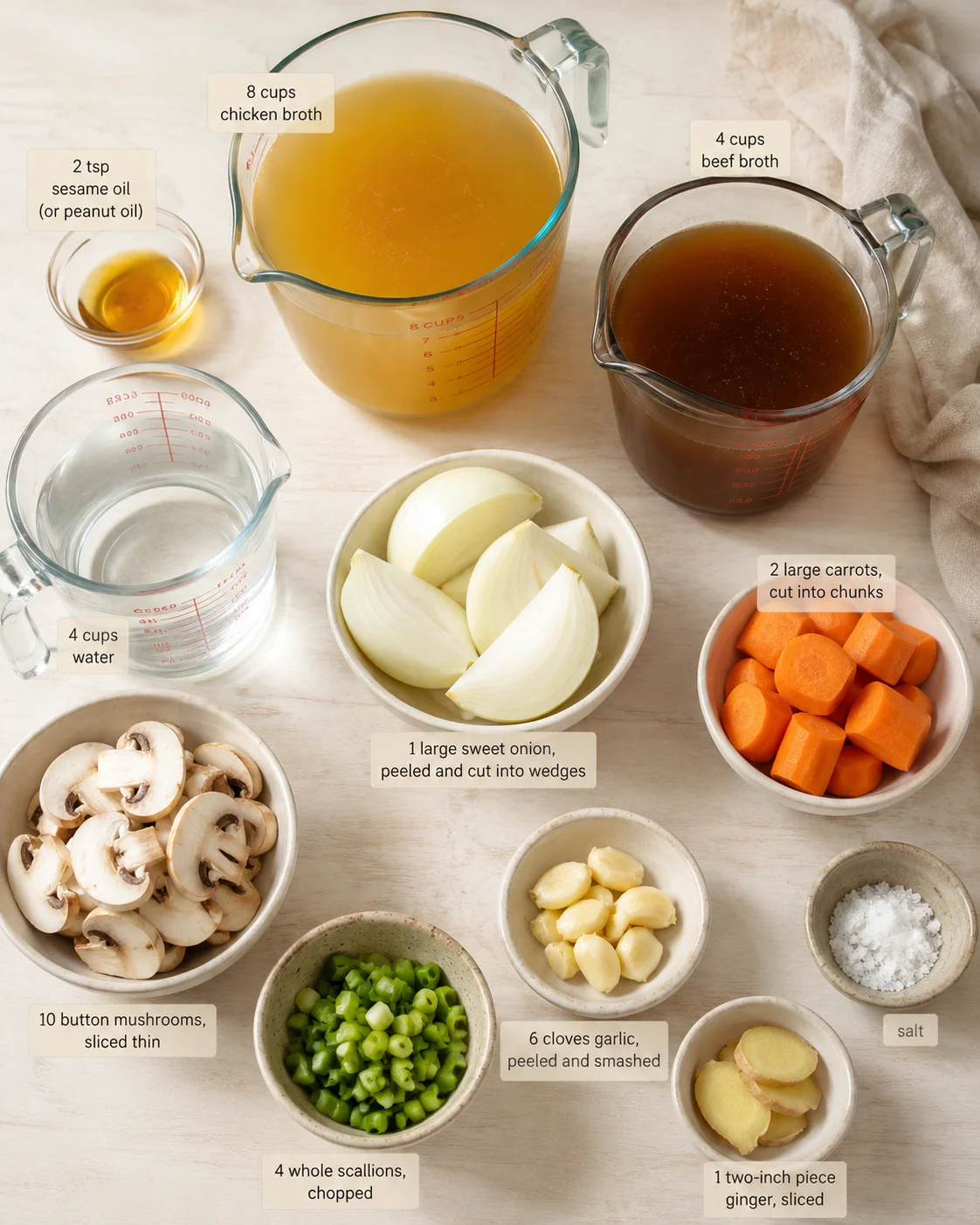 Top-down view of soup ingredients with labeled broths and vegetables on a light countertop.