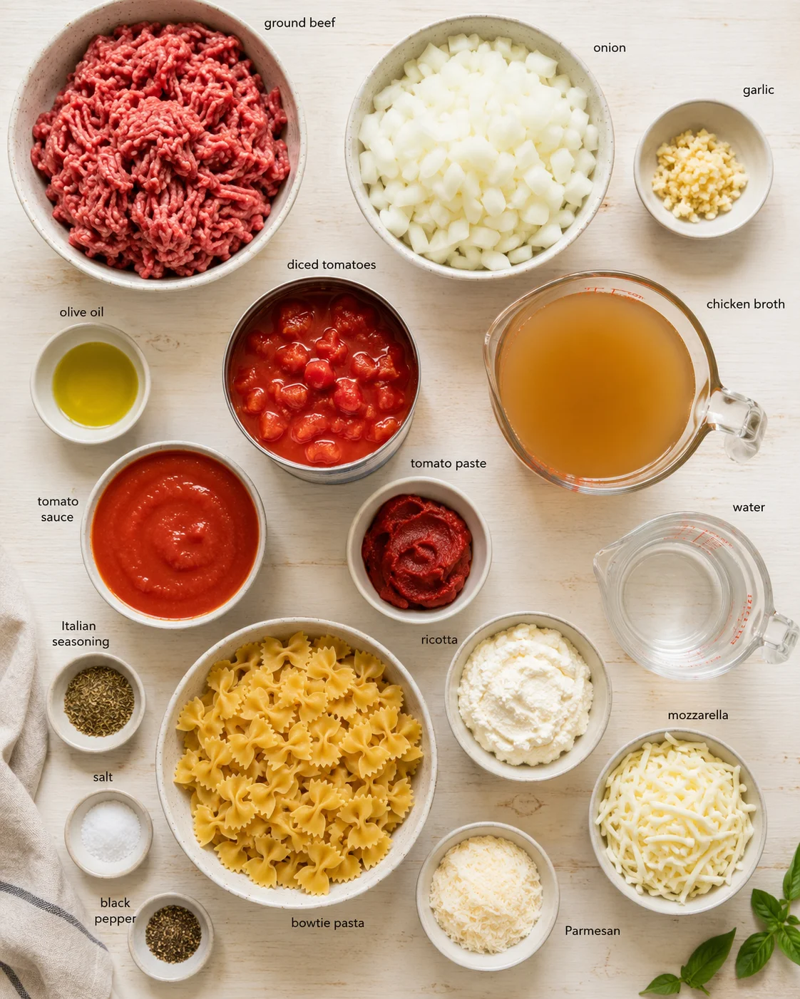 overhead view of assorted pasta ingredients arranged in bowls on a light wooden surface