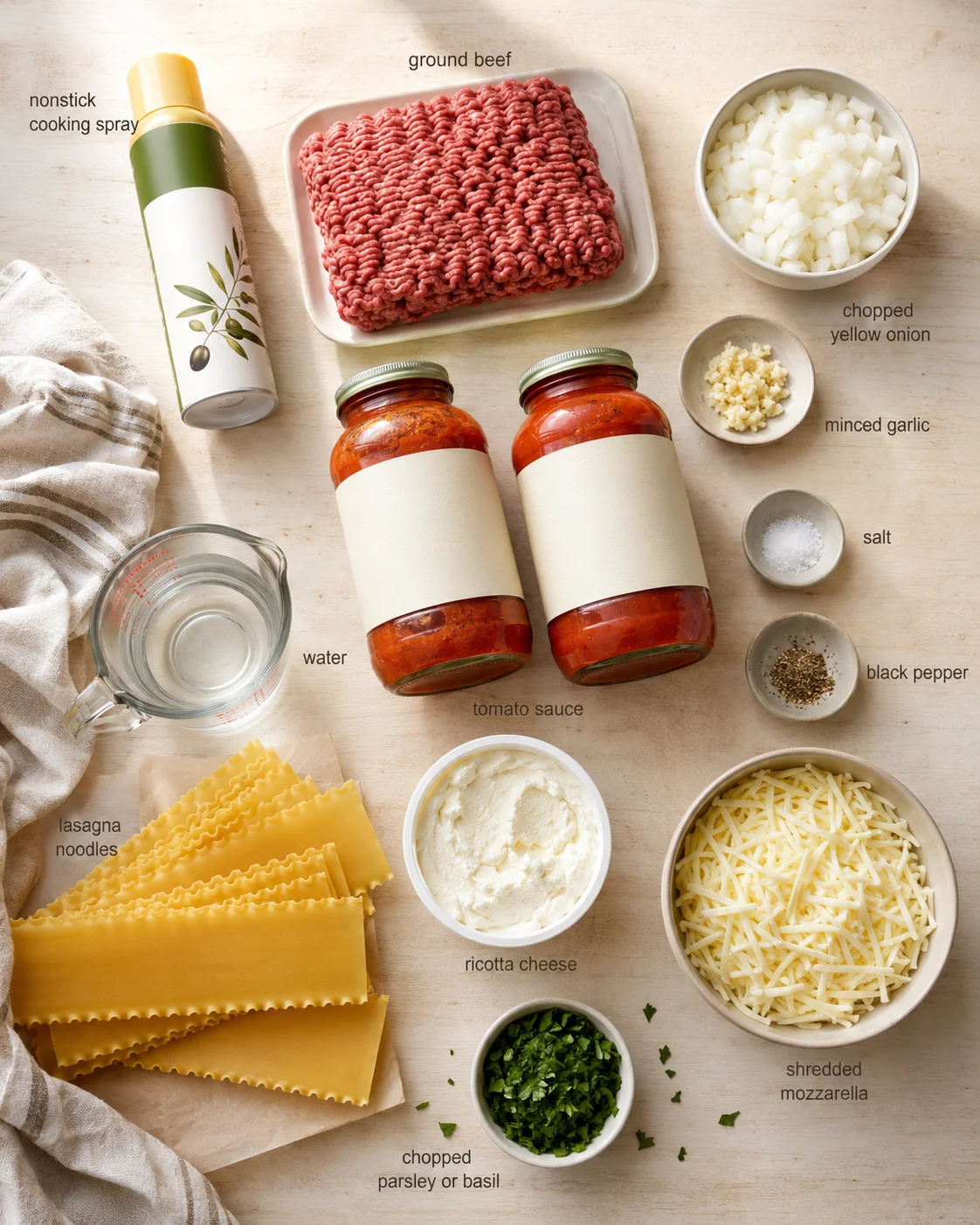 top-down view of lasagna ingredients laid out on wood with labeled items like beef, noodles, sauce, cheeses, vegetables
