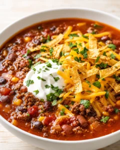 bowl of chili topped with shredded cheddar, sour cream, tortilla strips, and cilantro