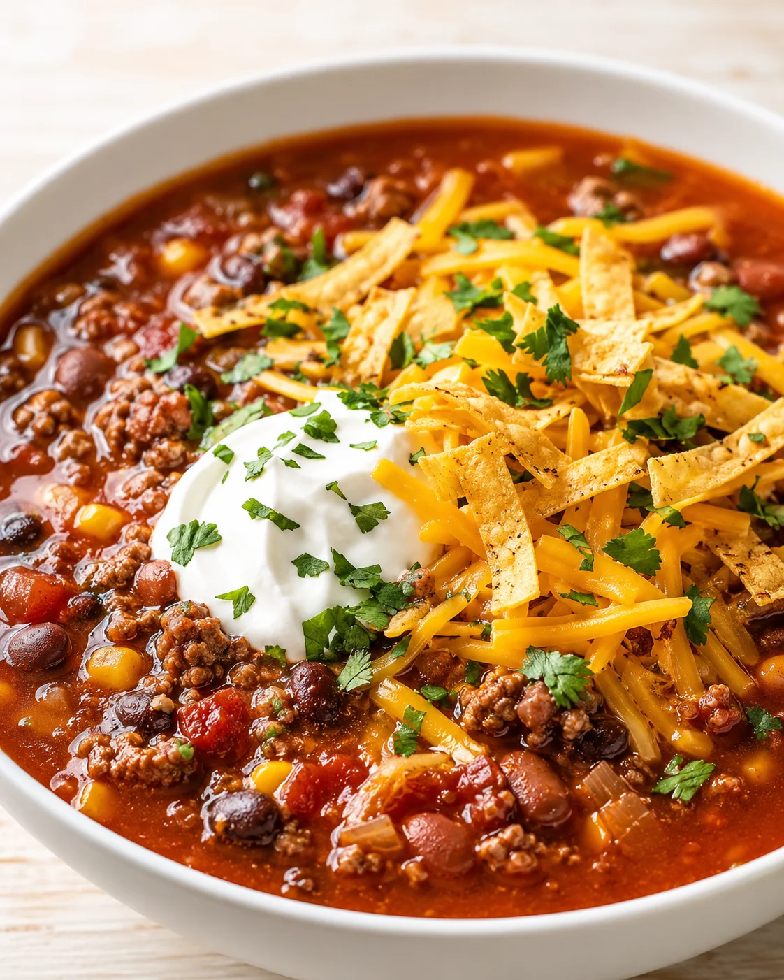bowl of chili topped with shredded cheddar, sour cream, tortilla strips, and cilantro