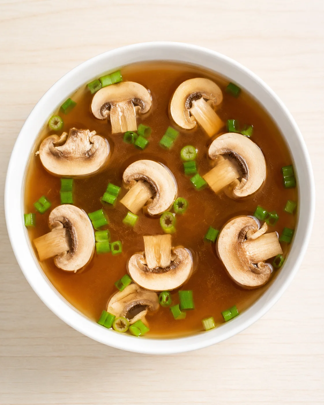 bowl of mushroom soup with chopped green onions on a light wooden table