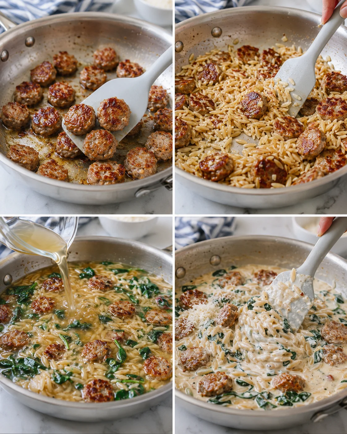 Skillet with browned meatballs, orzo, and creamy sauce being stirred