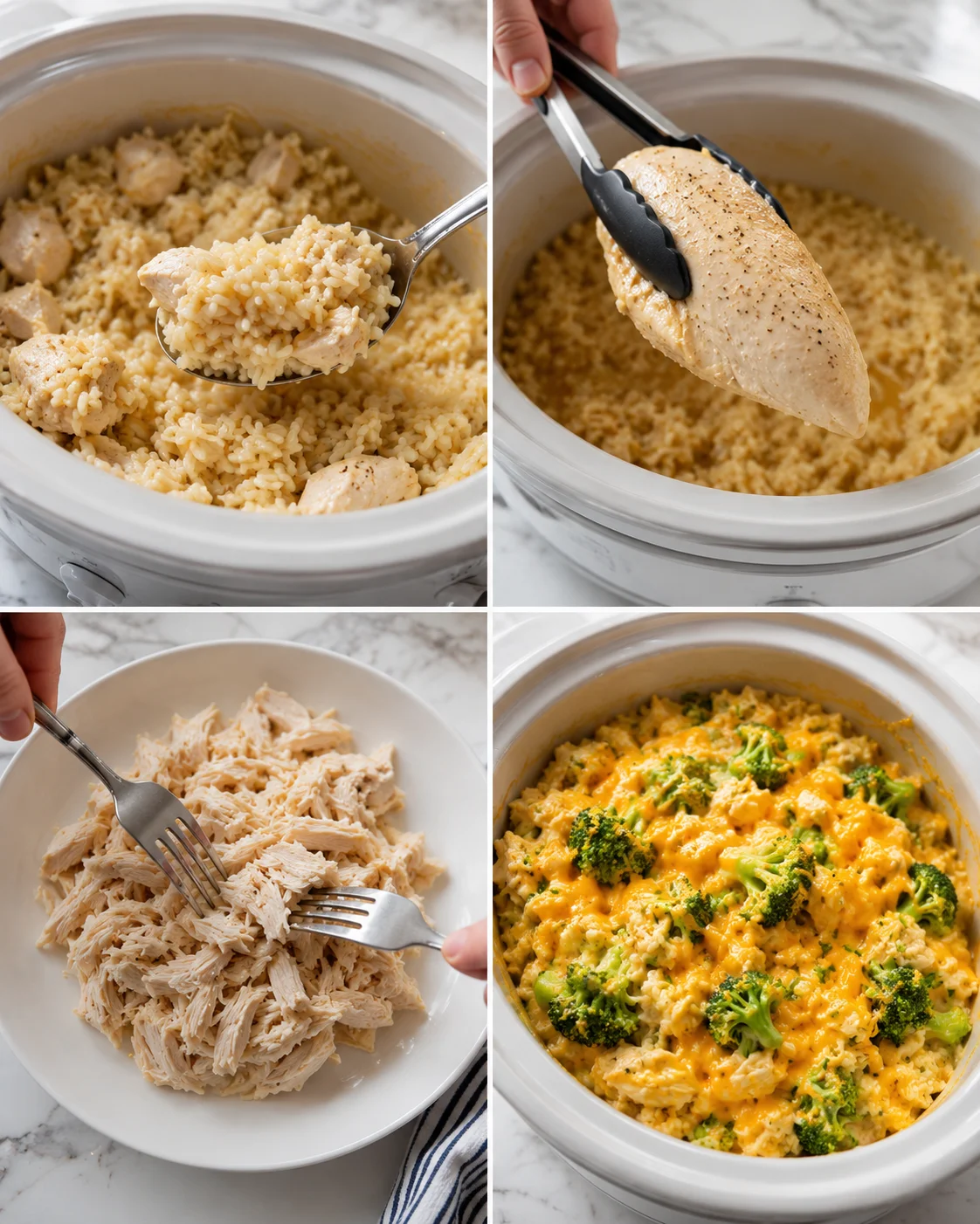 Collage of four step-by-step images: creamy chicken and rice, shredded chicken, broccoli-cheese casserole.
