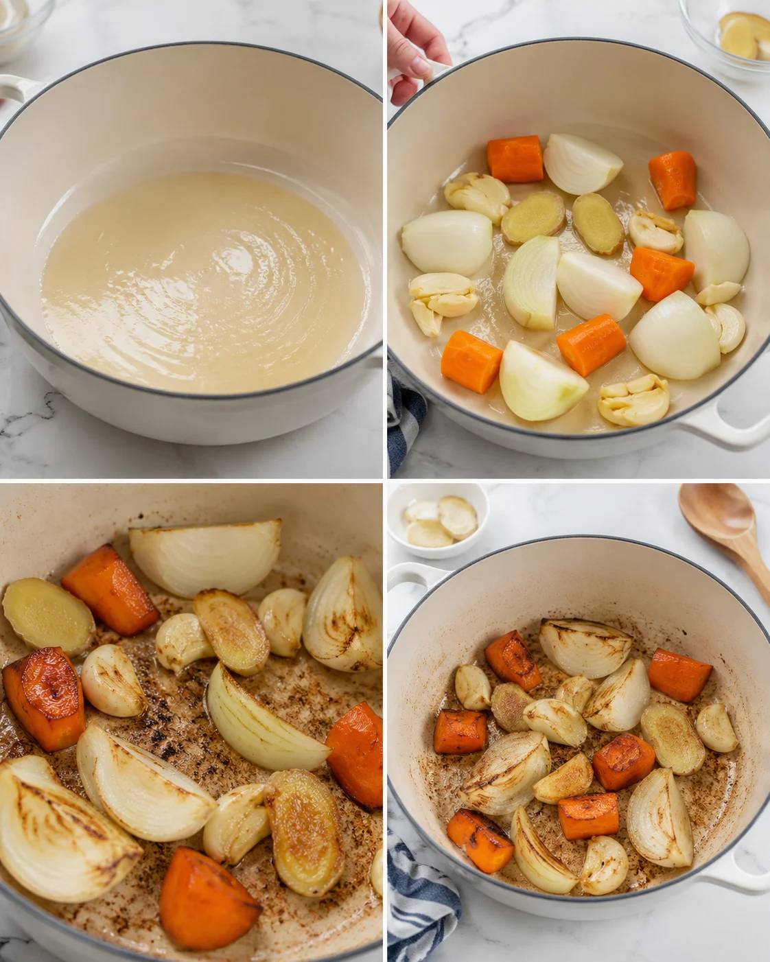 collage showing the step-by-step cooking process with onions, carrots, and garlic in a pot