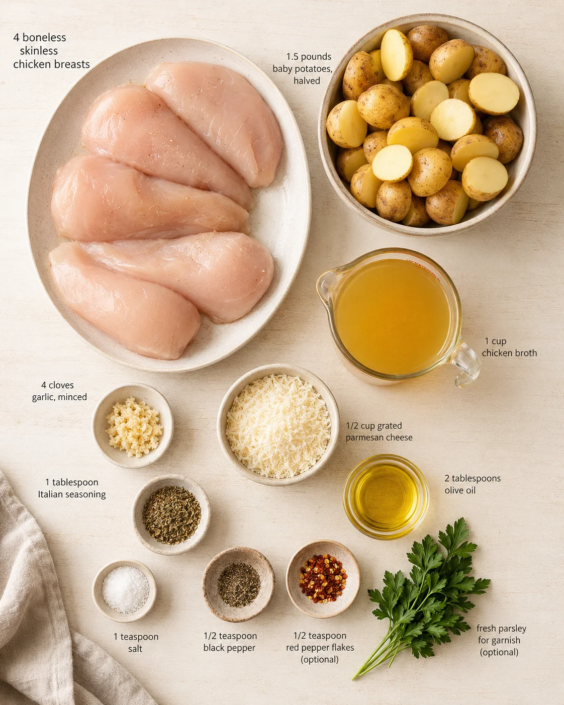 Raw chicken breasts, halved baby potatoes, grated parmesan, oil, and spices arranged on a light wooden surface.