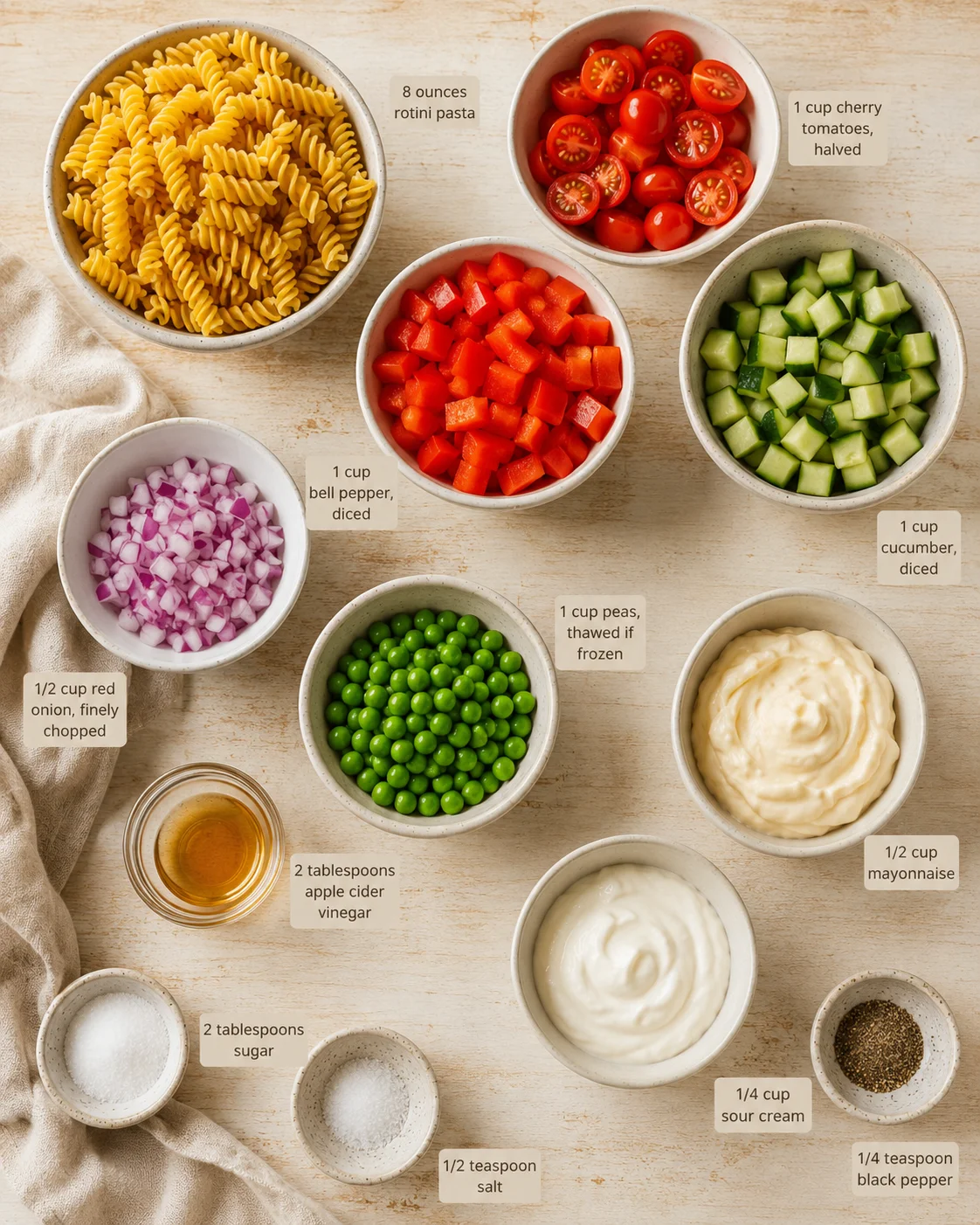 top-down view of bowls with rotini pasta and diced vegetables on a light wooden surface