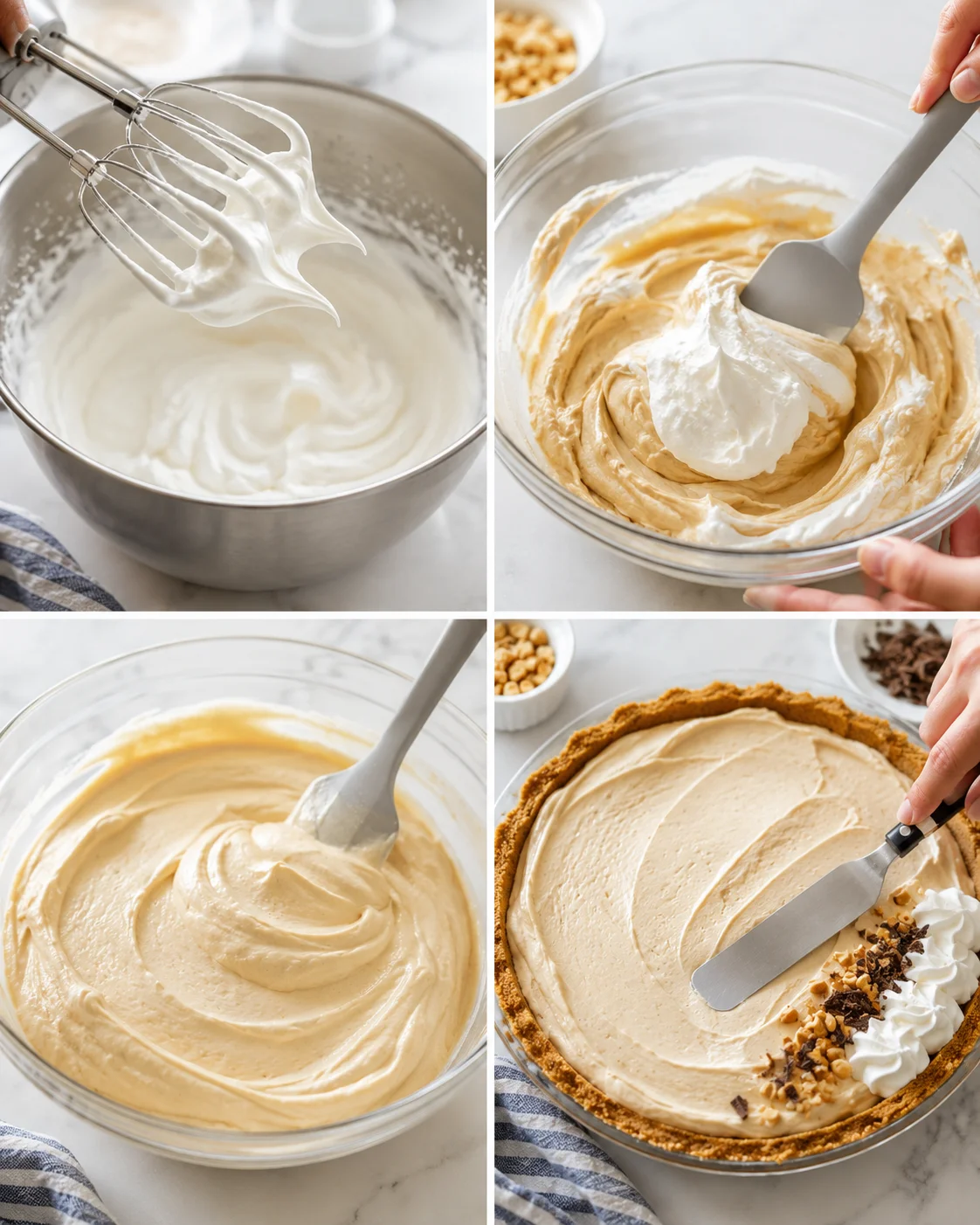 four-panel collage of cheesecake-making: whipping cream, folding batter, and a finished peanut butter cheesecake.