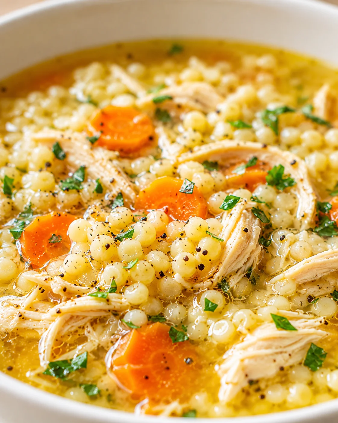 close-up of chicken, pearl couscous, carrot rounds, and parsley in a golden broth.