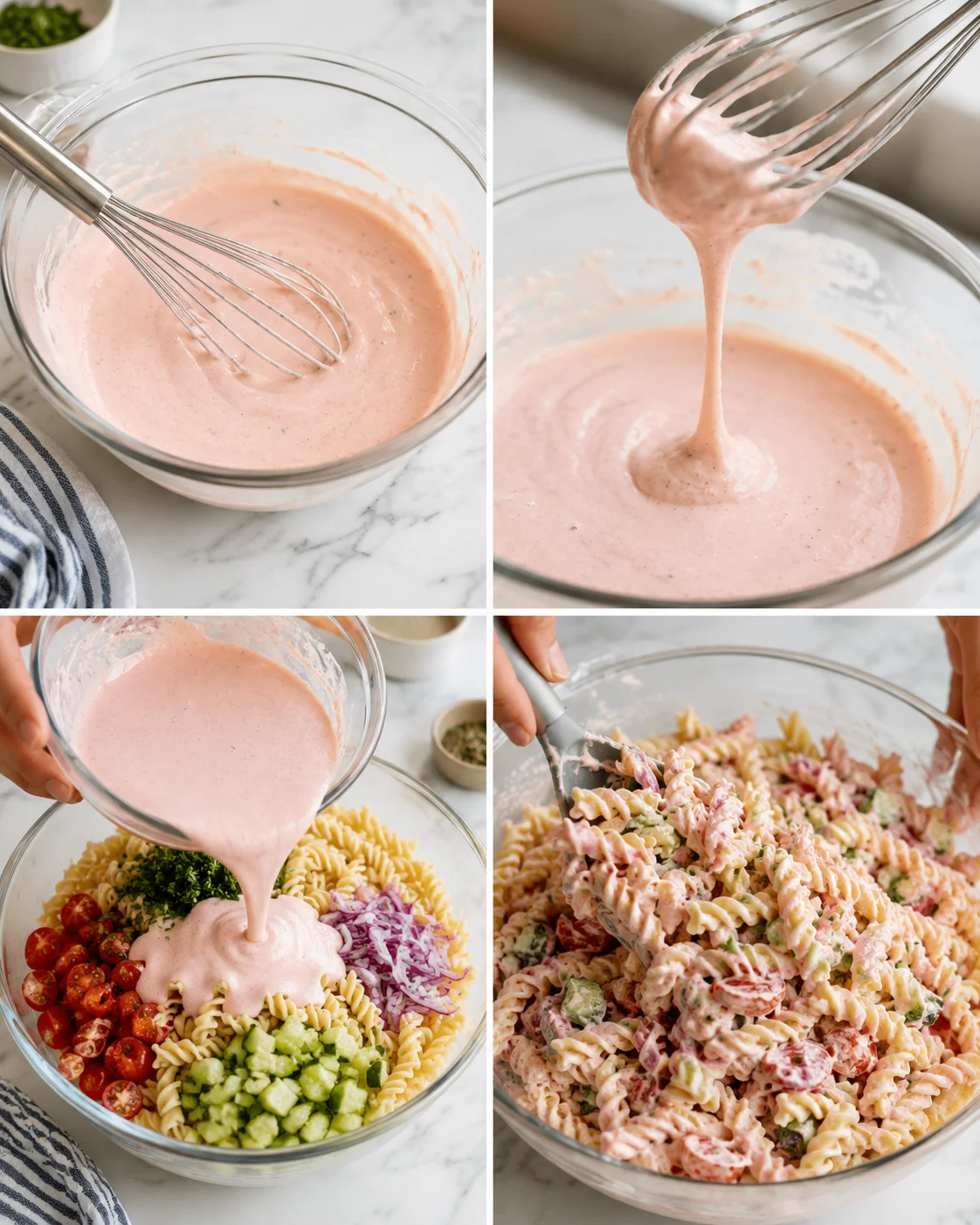 Four-panel collage showing pink creamy sauce being whisked, poured, and mixed with pasta and vegetables.