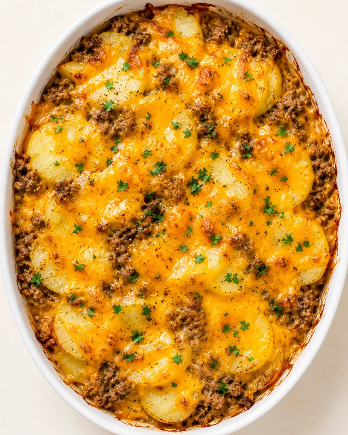 Oval white baking dish filled with layered potatoes, ground beef, and melted cheddar, garnished with parsley.