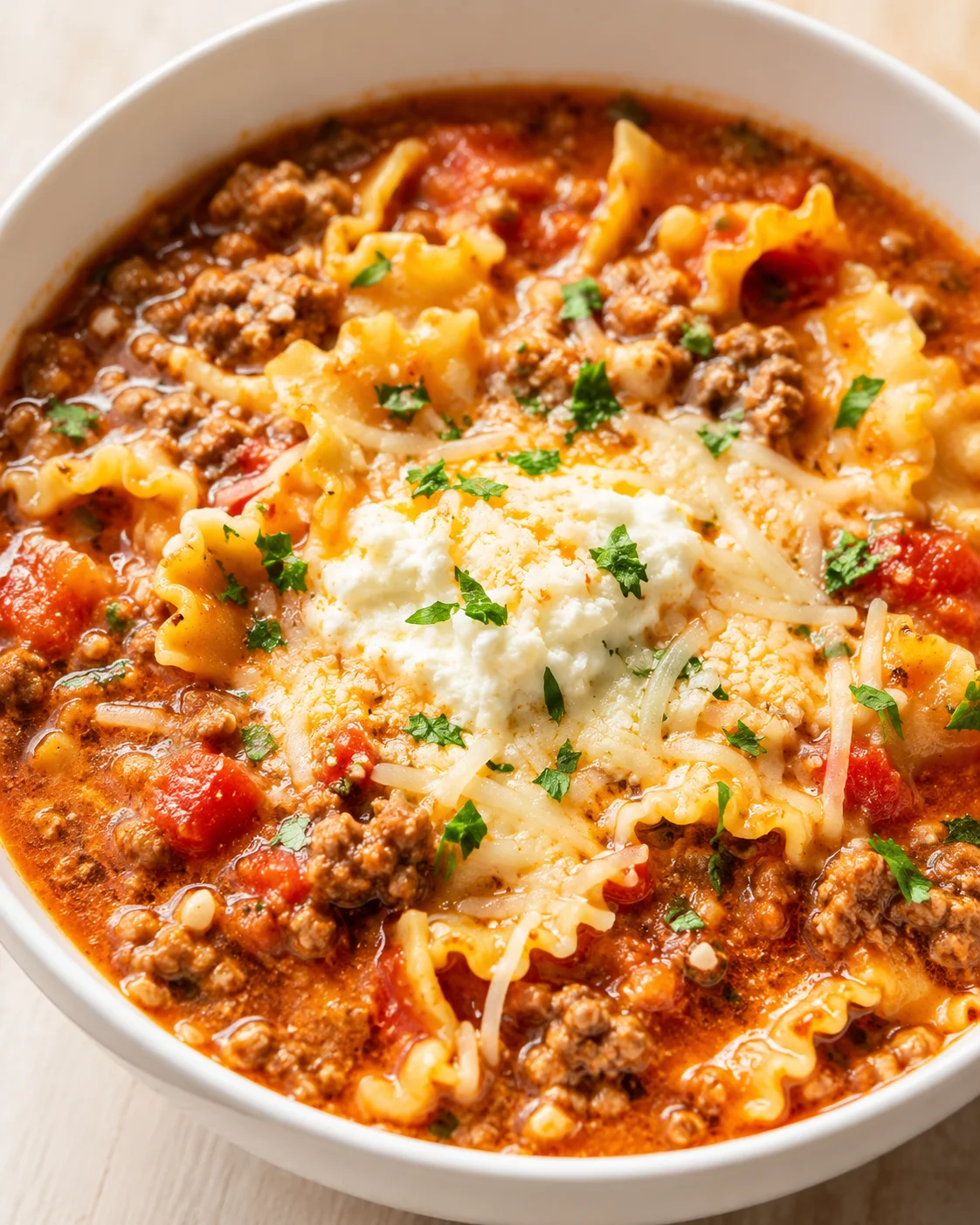 Close-up of ravioli in meat sauce topped with cheese and parsley