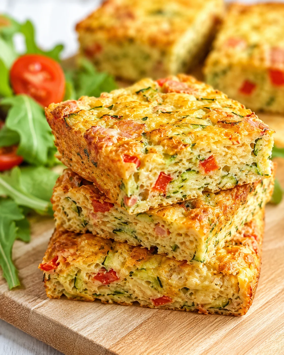 Stacked slices of golden savory vegetable bread with peppers and zucchini on a wooden board.