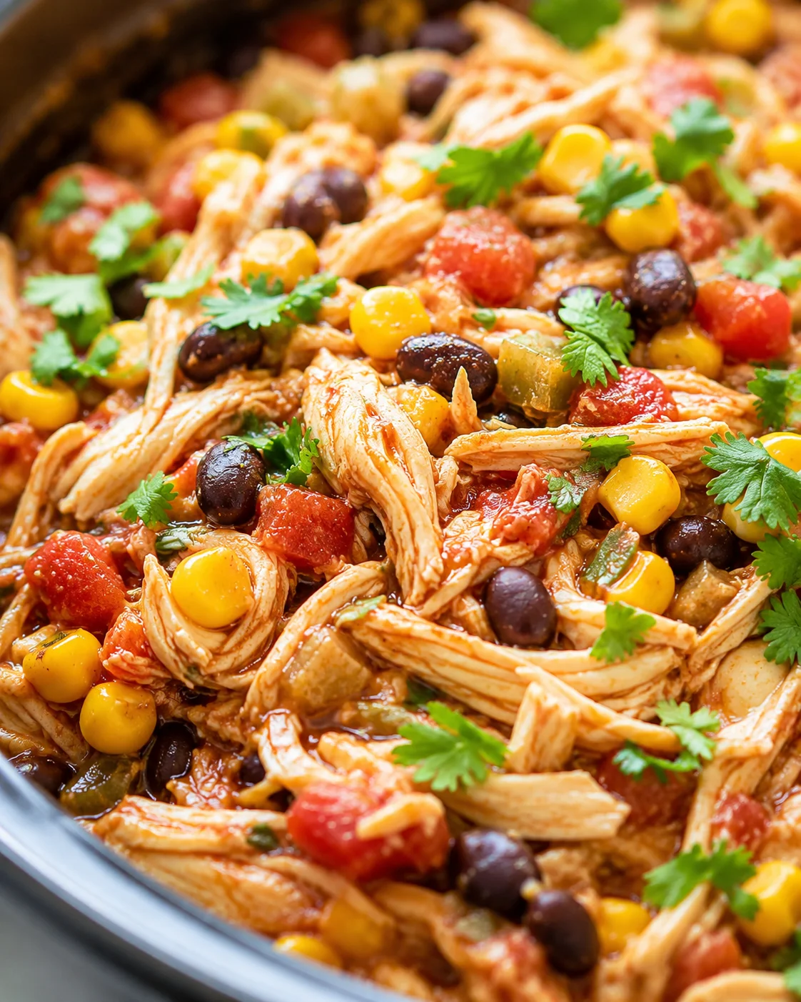 close-up of shredded chicken with corn, black beans, cilantro in a tomato sauce