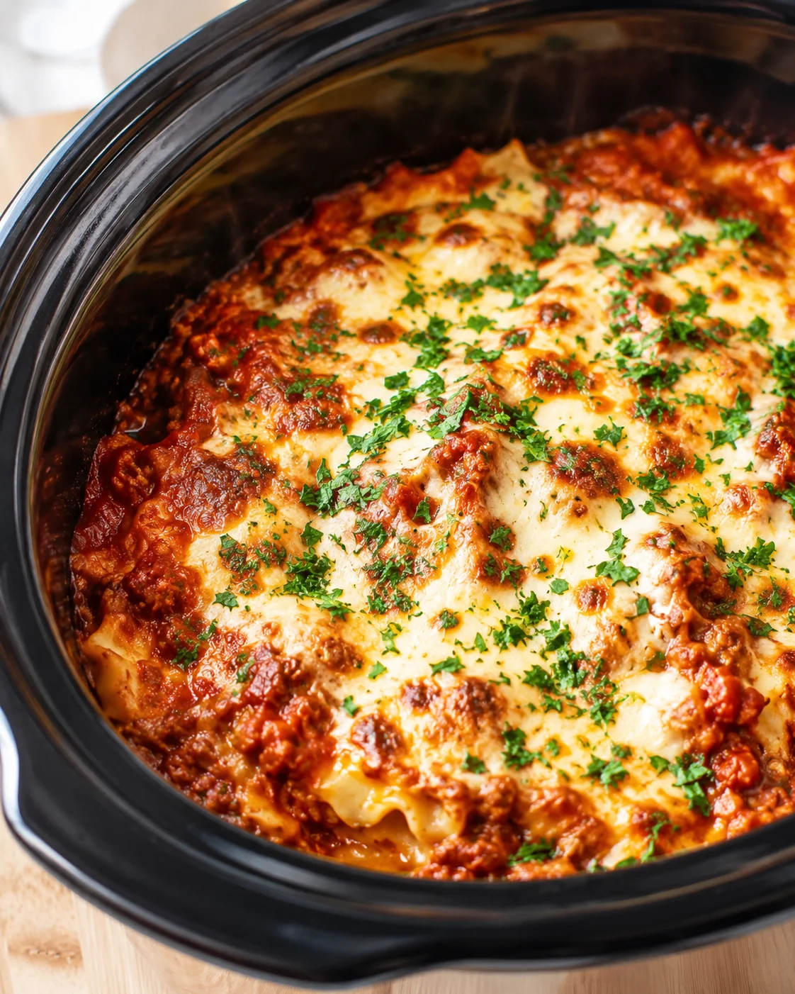 baked lasagna in a black slow cooker, bubbling with tomato sauce, melted cheese, and chopped parsley.