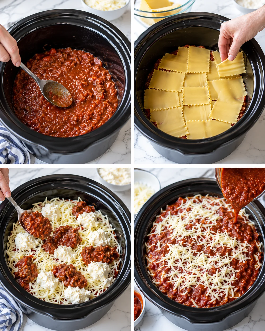 Four-panel collage showing step-by-step lasagna in a slow cooker: sauce, noodles, ricotta, and shredded mozzarella on top.